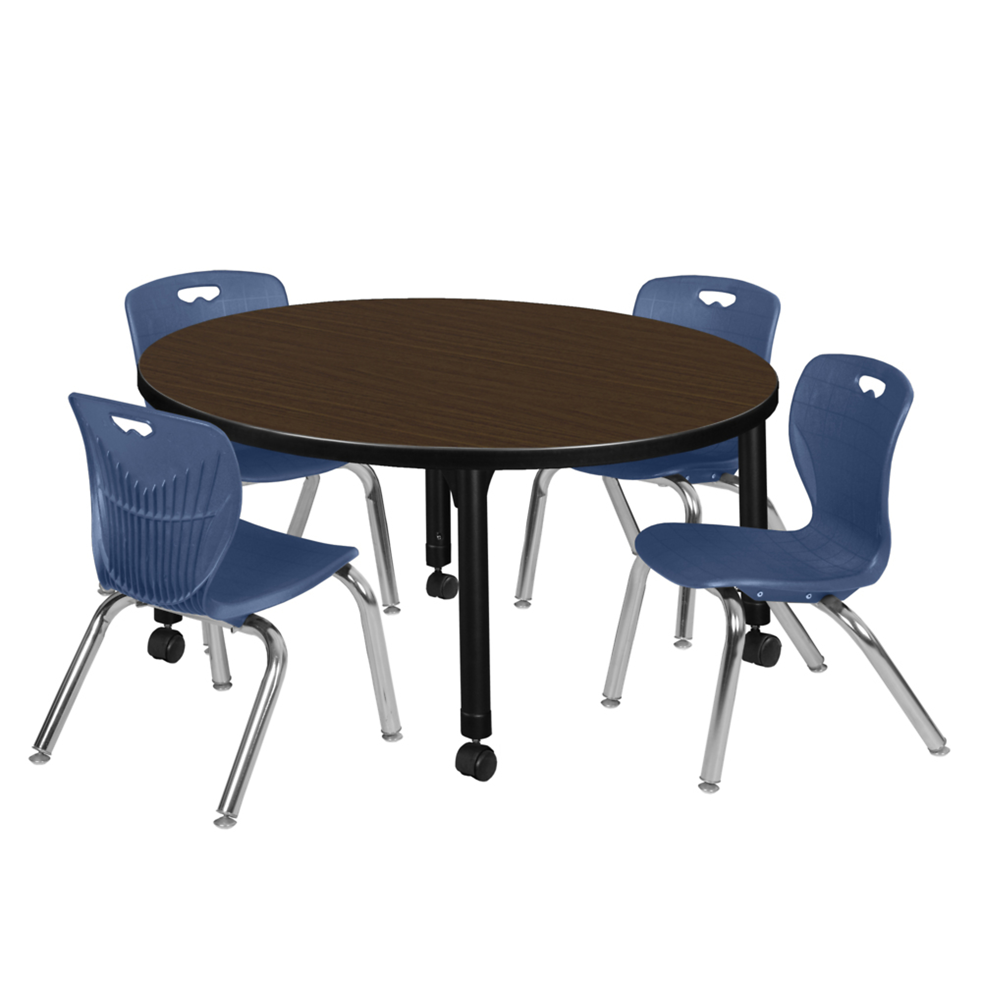 Regency Kee Round Mobile Adjustable Classroom Table with 4 Andy Stack Chairs — 42in. Noble Oak Top, Black Base, Blue Chairs, Model# TB42RNDNOAPCBK45NV